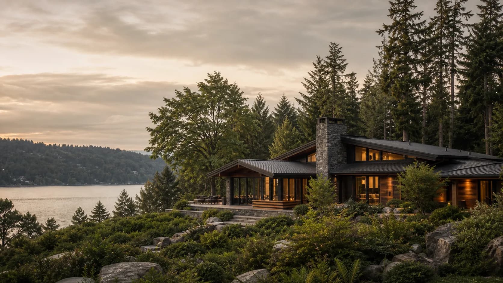 A timber and stone home beside a quiet lake, surrounded by Pacific Northwest conifers.