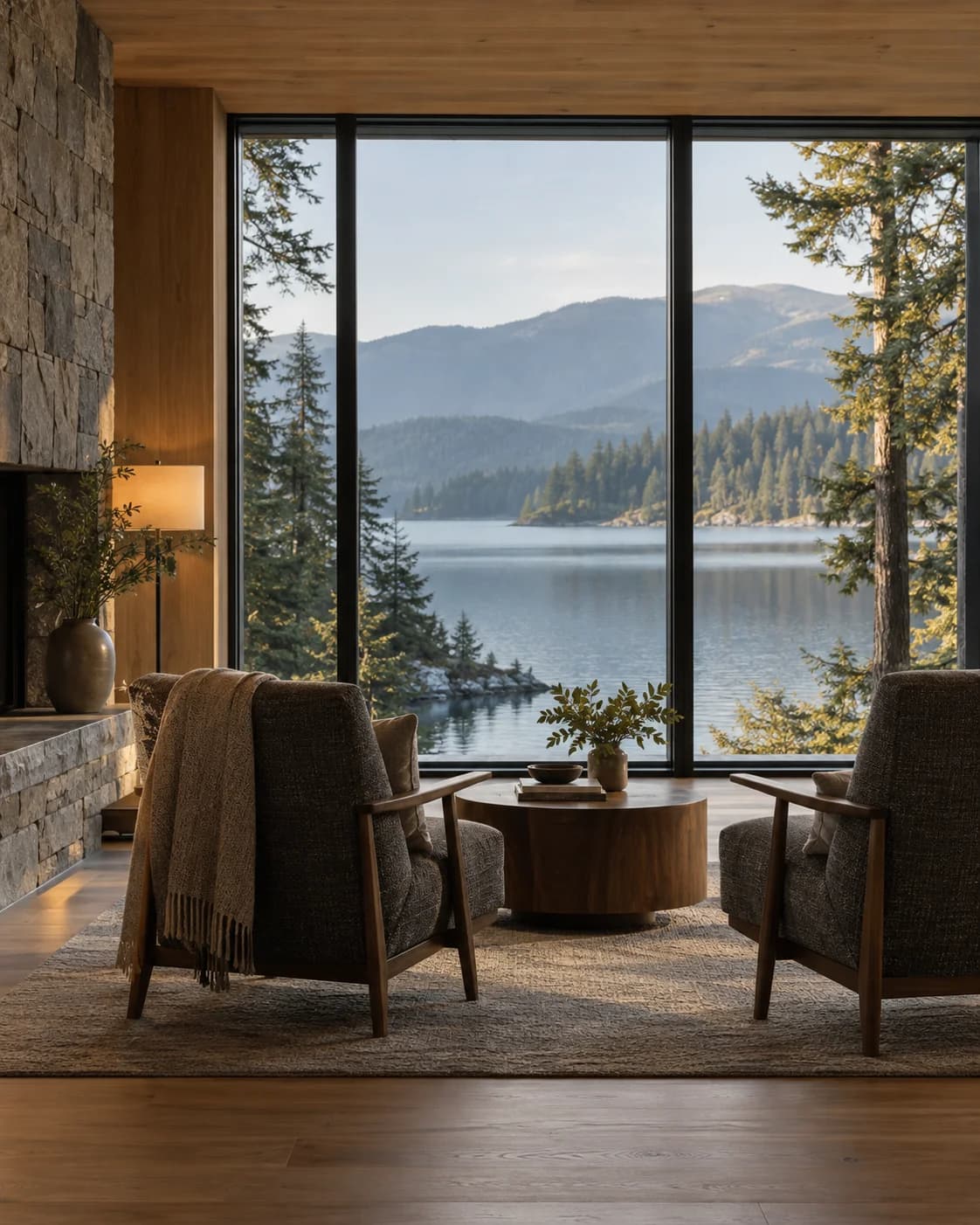 A quiet seating area in a timber and stone home overlooking a lake and evergreen hills.