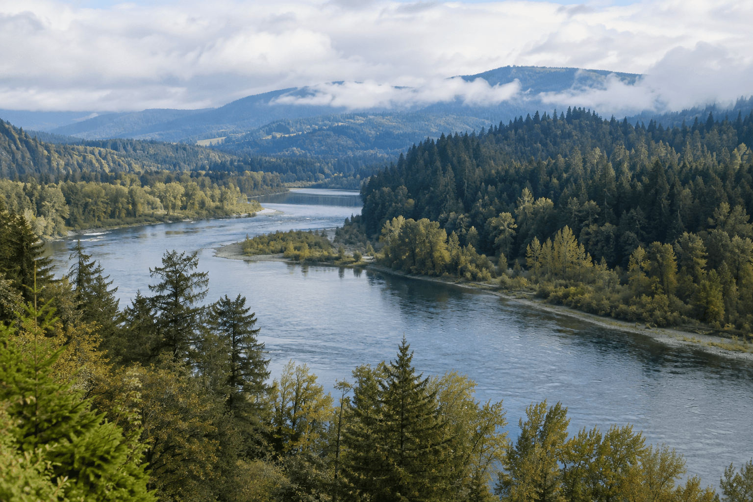 A blue-gray river winding between evergreen foothills in the Pacific Northwest.