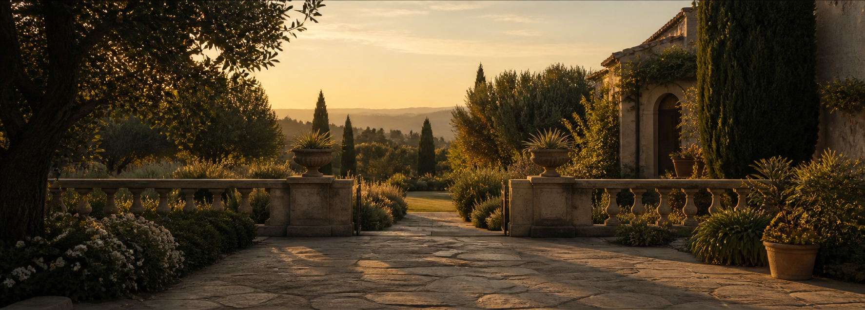 A villa courtyard terrace at sunset, stone balustrades and gardens in low golden light.