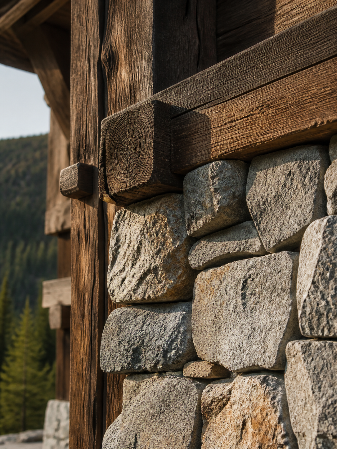 Granite stonework meeting heavy weathered timber beams at the corner of a building, with raking light across the grain.