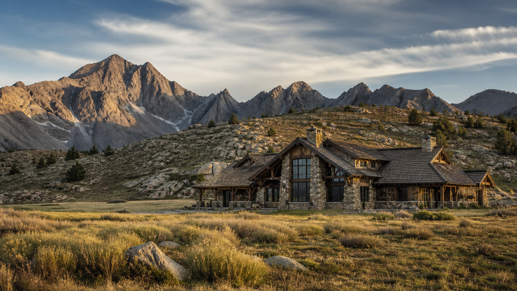 A stone-and-timber lodge standing on golden high-country grassland, with a rocky mountain range rising behind it in low evening light.