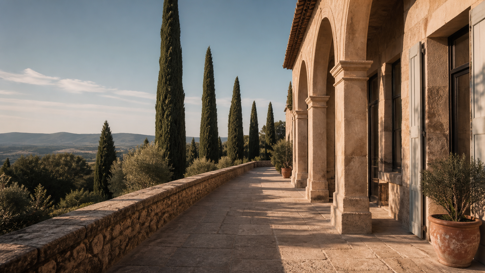 A sunlit stone walkway along a villa terrace, columns on one side and cypress trees beyond, in late-afternoon light.
