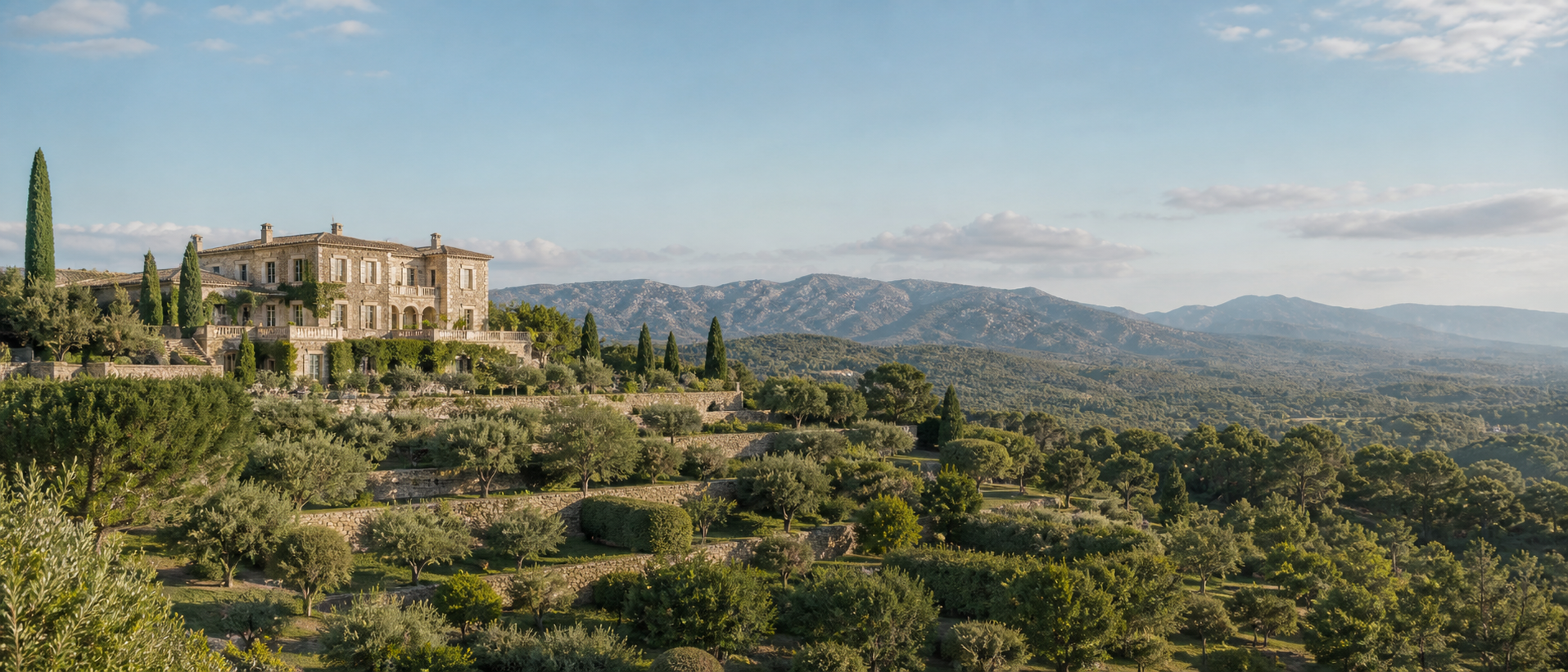 A stone villa on a terraced hillside with mountains on the horizon.